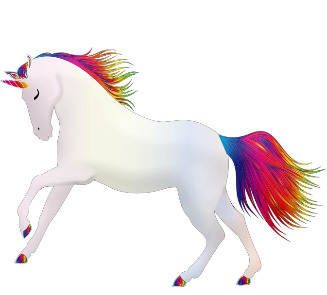 a drawing of a unicorn with a rainbow mane, an illustration of, rasquache, full body wide shot, colors white!!, galloping, long tail