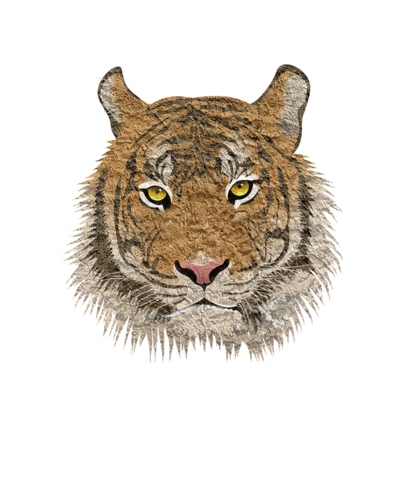 a drawing of a tiger's face on a white background, a digital rendering, inspired by Augustin Meinrad Bächtiger, sumatraism, embroidery, high detail illustration, rugged textured face, full subject shown in photo