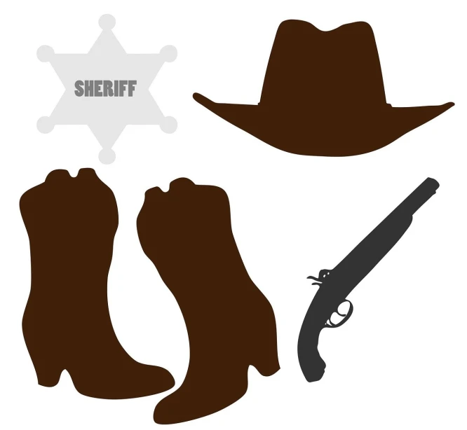 a sheriff hat, cowboy boots and a gun, an illustration of, set photo, an illustration, illustration!, simple illustration