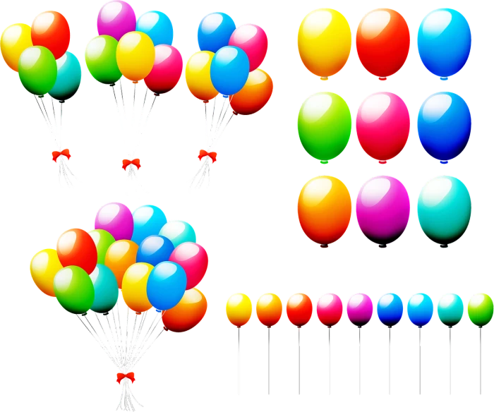 a bunch of colorful balloons floating in the air, a digital rendering, process art, black backround. inkscape, sprite sheet, straw, color vector