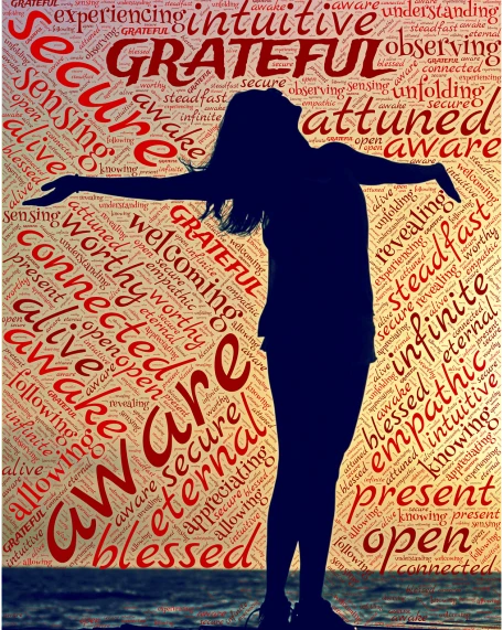 a silhouette of a woman standing in front of a wall of words, by Linda Sutton, pixabay, arms stretched out, gracious, blessed, centred in image