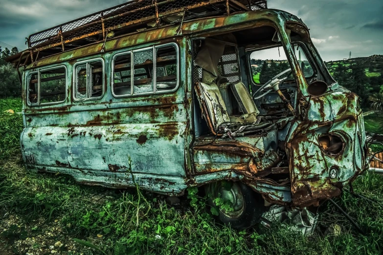 an old bus that is sitting in the grass, by Alexander Bogen, pexels contest winner, auto-destructive art, rusted panels, professionally post - processed, insane intricate, verdigris