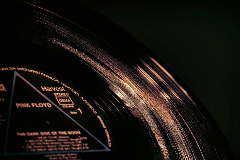 a vinyl record sitting on top of a table, by Thomas Häfner, flickr, digital art, dramatic lighting hyper detail, wide angle 1981, high detailed close up of, intricate sparkling atmosphere