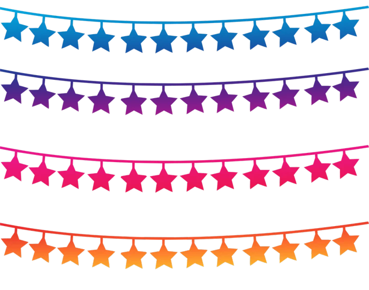 a string of colorful stars on a black background, red banners, blacklight, low resolution, cut