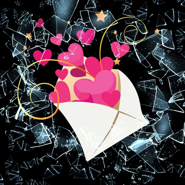 a bunch of hearts are coming out of an envelope, concept art, cracked glass, created in adobe illustrator, torn cosmo magazine style, a beautiful artwork illustration