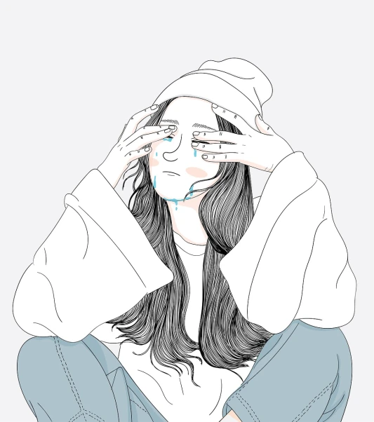 a drawing of a woman covering her eyes with her hands, lineart, tumblr, aestheticism, wearing a hoodie and sweatpants, crying fashion model, lowres, with long hair