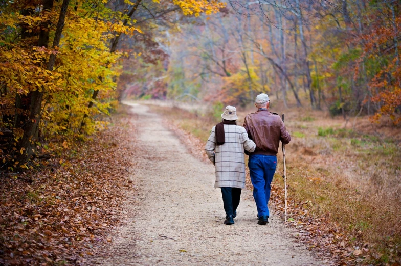 a man and a woman walking down a path in the woods, a photo, by senior artist, shutterstock, hiking cane, autum, il, photography”