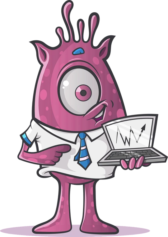 a pink monster in a shirt and tie holding a laptop, digital art, big intelligent eyes, mascot illustration, low res, terror