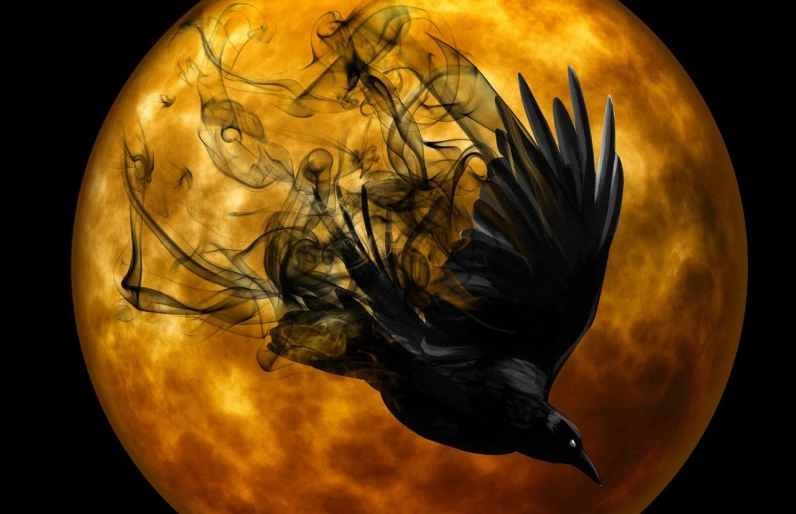 a black bird flying in front of a full moon, digital art, inspired by Gonzalo Endara Crow, digital art, swirling smoke, orange yellow ethereal, halloween wallpaper with ghosts, transparent smoke from hell