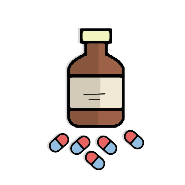 a bottle of medicine with pills spilling out of it, a digital rendering, unsplash, antipodeans, on a flat color black background, simple cartoon style, trending on pixart, pictogram
