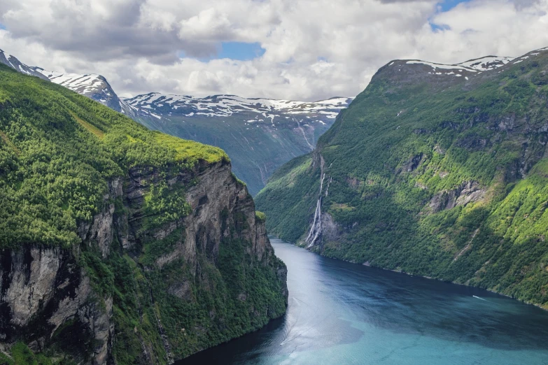 a large body of water surrounded by mountains, by Jesper Knudsen, beautiful stunning waterfall, fjords, “ aerial view of a mountain, lush valley