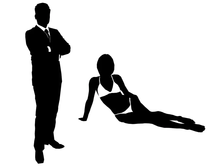 a man standing next to a woman laying on the ground, pixabay, figuration libre, black swimsuit, in a business suit, single silhouette figure, wearing a bikini