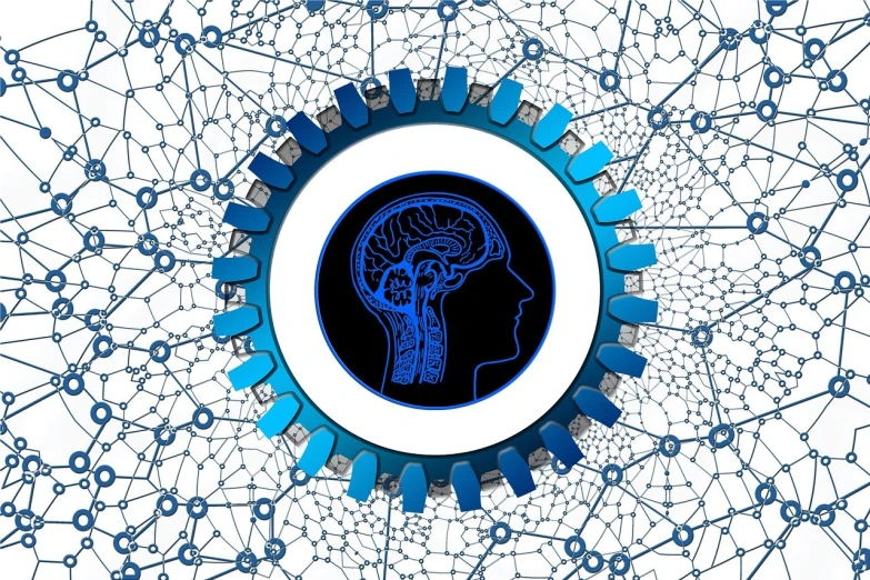 a circle with a drawing of a brain inside of it, trending on pixabay, digital art, blue cyborg, man and machine, biomechanical pattern, mining