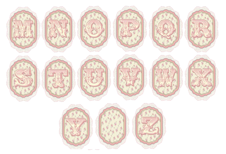 a set of pink and white letters on a black background, a digital rendering, inspired by Margaret Brundage, victorian lace, covered with pink marzipan, digital banner, medallions