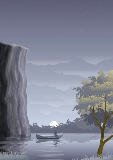 a boat floating on top of a river next to a cliff, a digital painting, inspired by Eyvind Earle, conceptual art, calm night. digital illustration, creating a thin monolith, whole page illustration, lone person in the distance
