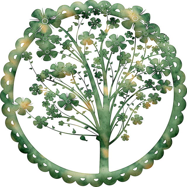 a picture of a tree in the middle of a circle, a digital rendering, inspired by Masamitsu Ōta, flickr, folk art, glowing flowers, scales made of jade, early 2 0 th century, filigree jewellery