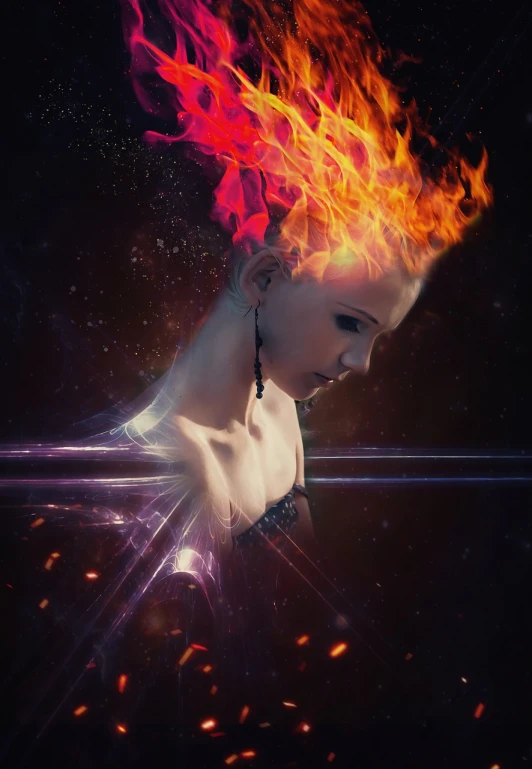 a close up of a woman with a fire on her head, inspired by Mike Winkelmann, digital art, girl in space, magical effect, c 4 d ”