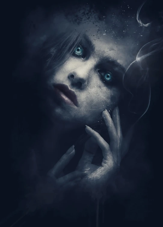 a close up of a person holding a cell phone, digital art, inspired by Bastien L. Deharme, gothic art, smoke out of her eyes, dreaming face, 8k artistic portrait photography, pale young ghost girl