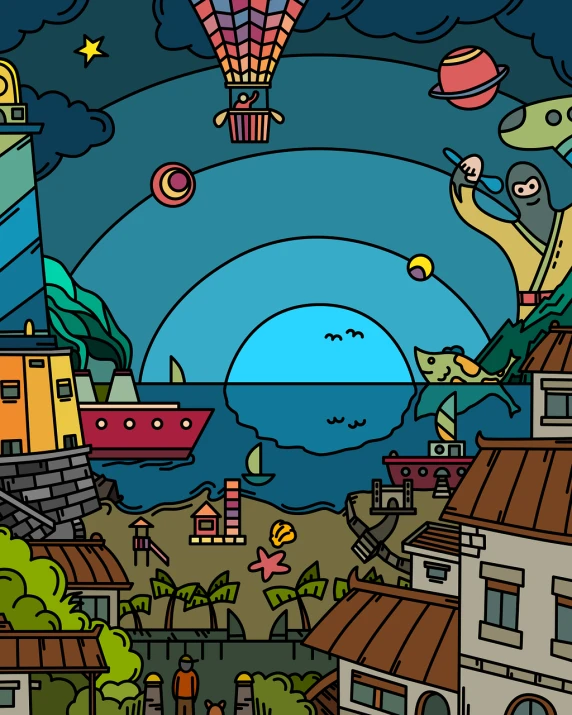 a cartoon picture of a city at night, a storybook illustration, inspired by Chris Ware, naive art, seaside backgroud, sunbathing. illustration, psychedelic colouring, fantasy world concept