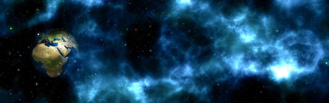 the earth is surrounded by clouds and stars, a digital rendering, space art, blue - turquoise fog in the void, space photo