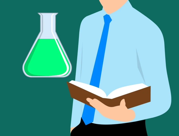 a man is holding a book and a flask, an illustration of, analytical art, green and blue, bio chemical illustration, maintenance photo