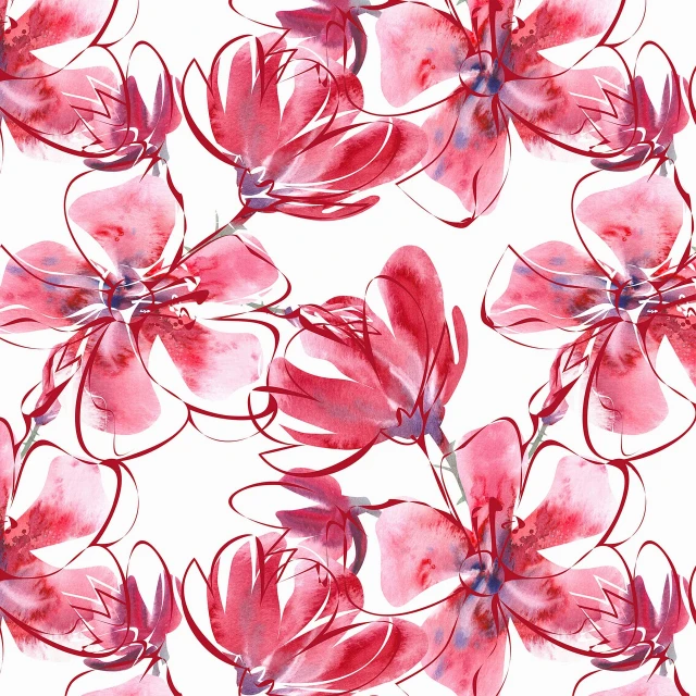 a pattern of red flowers on a white background, a digital rendering, inspired by Pamela Ascherson, shutterstock, magnolia, background image, close-up view, watercolor inpaint