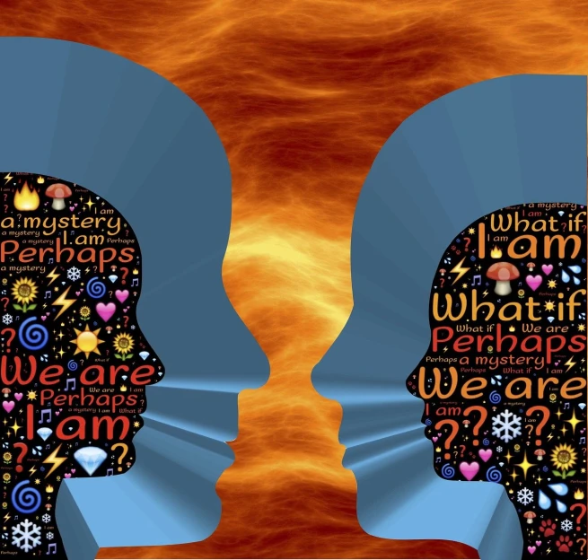two silhouettes of a man and a woman with words all over them, digital art, surreal psychedelic design, two heads, mirrored, brainstorm