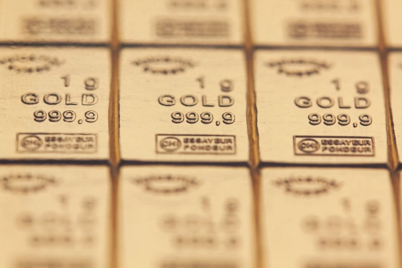 a pile of gold bars sitting on top of each other, unsplash, art nouveau, tiny details, golden number, 1957, grain”