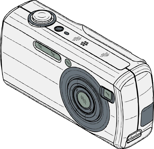 a digital camera sitting on top of a table, a digital rendering, by Andrei Kolkoutine, pixabay, computer art, clean ink detailed line drawing, old distorted camcorder video, full body camera shot, high angle camera