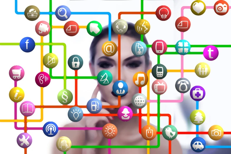 a woman is surrounded by colorful social icons, a digital rendering, by Kurt Roesch, shutterstock, connecting lines, 2 0 5 6 x 2 0 5 6, corporate phone app icon, traffic