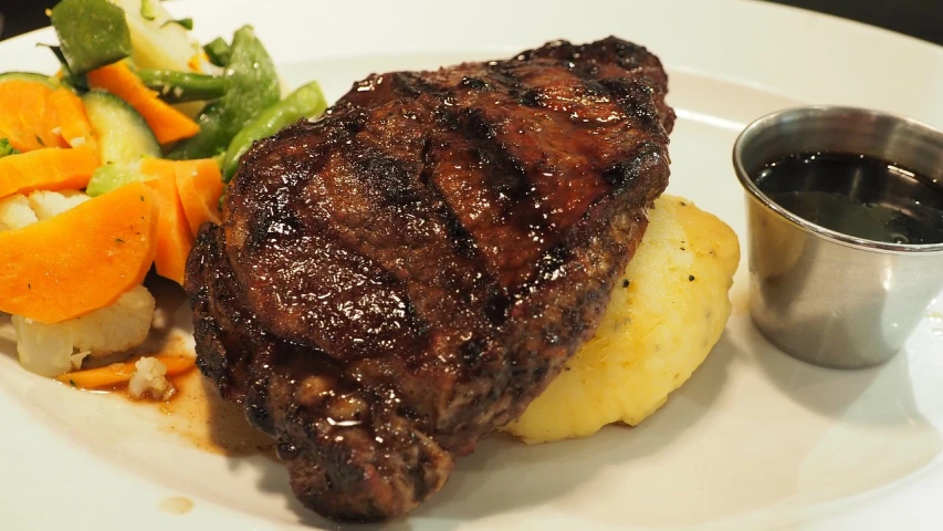 a close up of a plate of food on a table, a picture, pixabay, sōsaku hanga, steak, [ 4 k photorealism ], glazed, !!natural beauty!!