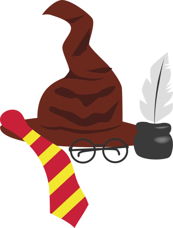 a harry potter hat with glasses and a tie, a cartoon, hurufiyya, background ( dark _ smokiness ), cutout, magical items, from left