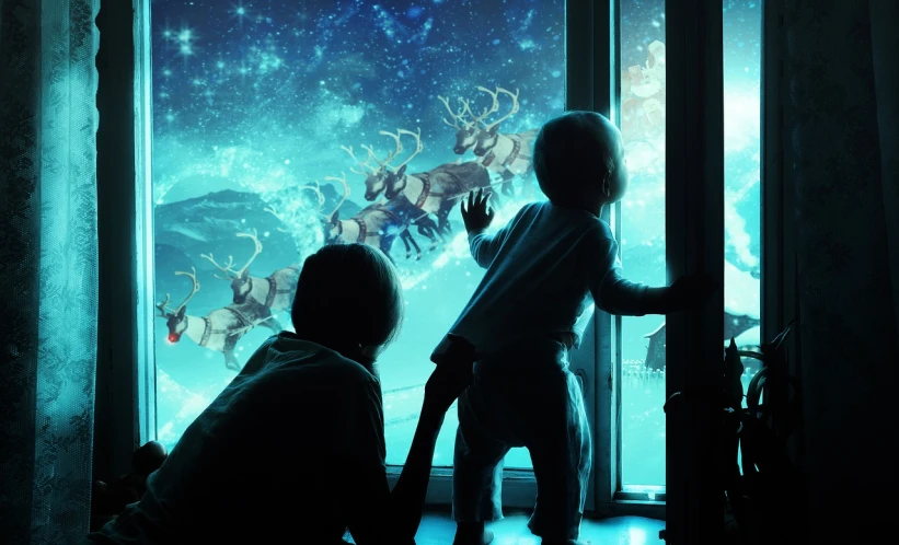 two children looking out a window at santa's sleigh, by Aleksander Gierymski, shutterstock, fantastic realism, in front of space station window, deers, realistic footage, cold blue light from the window