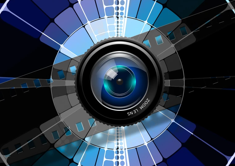 a close up of a camera lens with a film strip in the background, digital art, vector images, blue rays from tv, fisheye lens photo