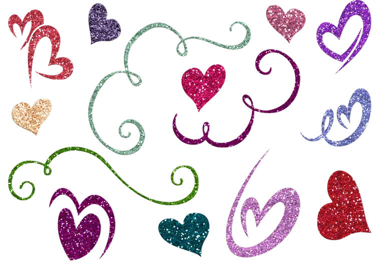 a collection of glitter hearts on a black background, deviantart, graffiti, spirals and swirls, screen cap, cutie mark, background image