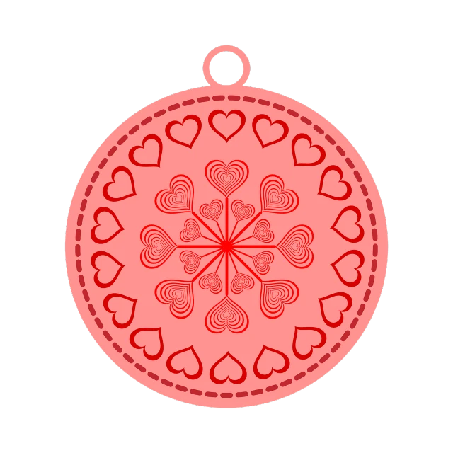 a pink ornament with hearts on it, a digital rendering, inspired by Shūbun Tenshō, folk art, pendant, circle design, on a flat color black background, in red background