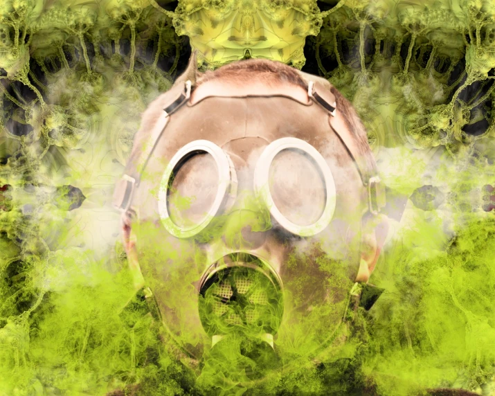 a gas mask with smoke coming out of it, digital art, nuclear art, rotten green skin, digital collage, header, view from above
