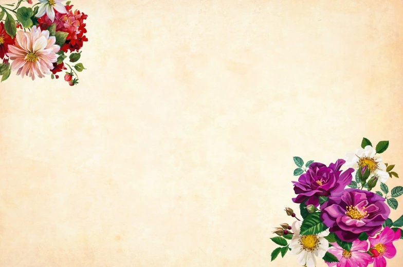a bunch of flowers sitting on top of a table, a picture, romanticism, textured parchment background, wide screenshot, floral!, background image
