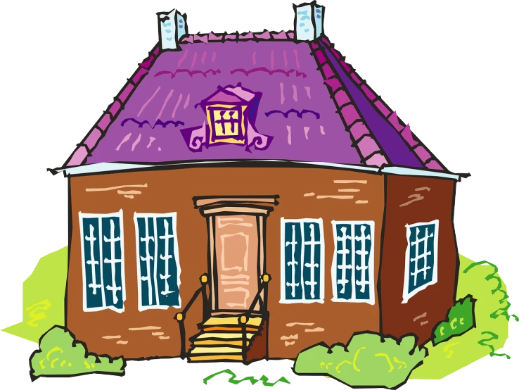 a drawing of a house with a purple roof, naive art, colonial, full color illustration, whole page illustration, brick