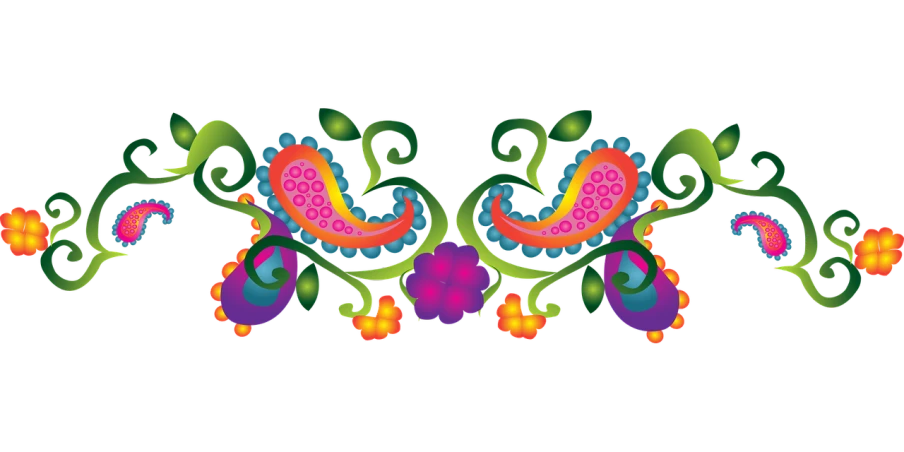 a colorful floral design on a black background, a digital rendering, inspired by Victor Moscoso, flickr, toyism, decorative border, swirly body painting, illustrator vector graphics, intricate a whole fantasy leaf