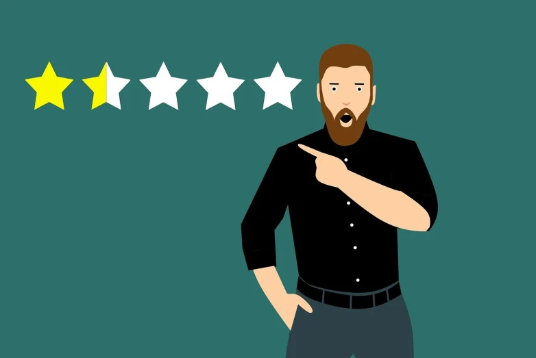 a man points at five stars on a green background, an illustration of, figuration libre, bad quality, angry man, customers, made in adobe illustrator