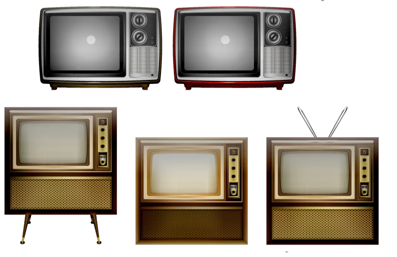 a group of four televisions sitting next to each other, concept art, by David Burton-Richardson, trending on pixabay, video art, vintage art deco, on black background, 64x64, tools