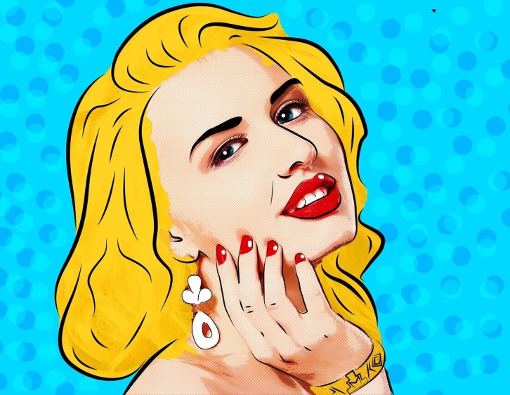 a close up of a woman with red nails, a pop art painting, pop art, vectorised, miley cyrus, cartoon style illustration, portrait of kate winslet
