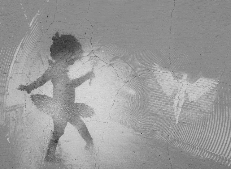 a black and white photo of a person on a skateboard, a picture, inspired by Sigmar Polke, girl with angel wings, digital art 4k unsettling, shattered wall, detail