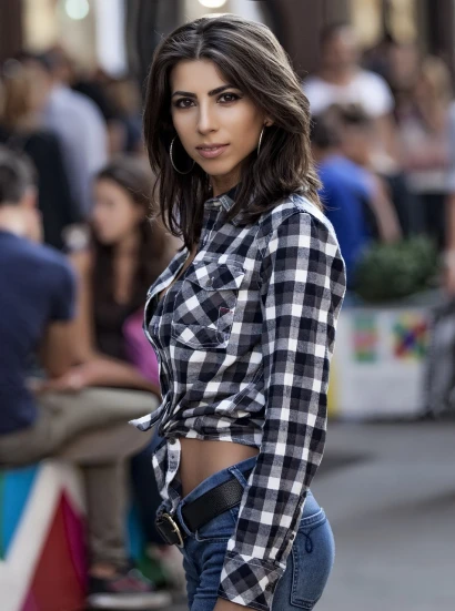 a woman standing in front of a crowd of people, a picture, by Michalis Oikonomou, pexels contest winner, arabesque, plaid shirt, very sexy woman with black hair, confident relaxed pose, 8k 50mm iso 10