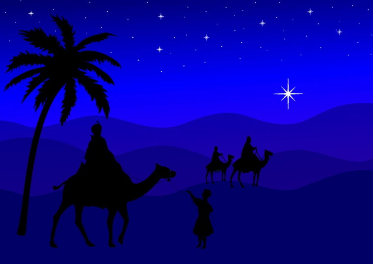 a group of people riding on the backs of camels, an illustration of, shutterstock, fine art, under the silent night sky, blue-black, with infant jesus, svg illustration
