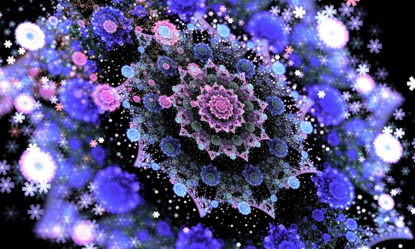 a bunch of purple and blue flowers on a black background, inspired by Benoit B. Mandelbrot, space art, galactic dreamcatchers, blue and pink, intricate spirals, stars and paisley filled sky