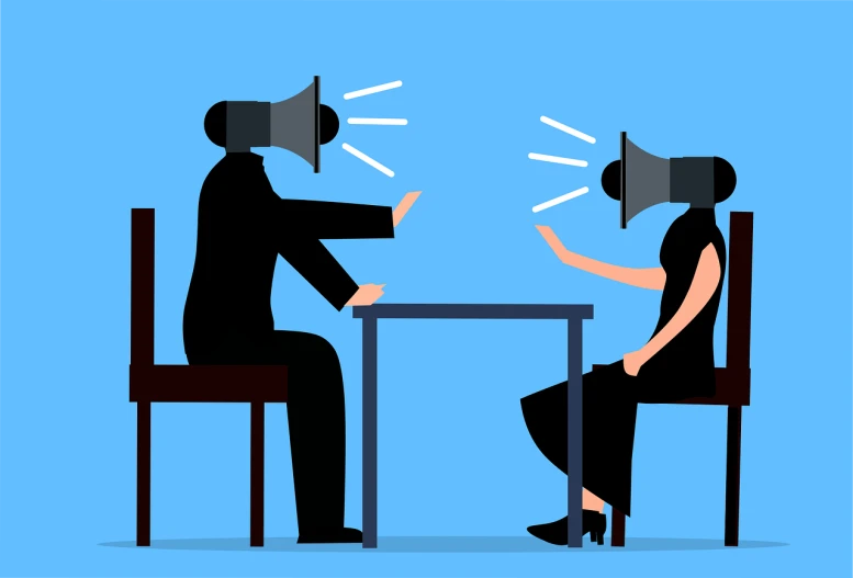 a man and a woman sitting at a table in front of a speaker, by Allen Jones, shutterstock, digital art, attacking, giving an interview, no head, head neck shoulders