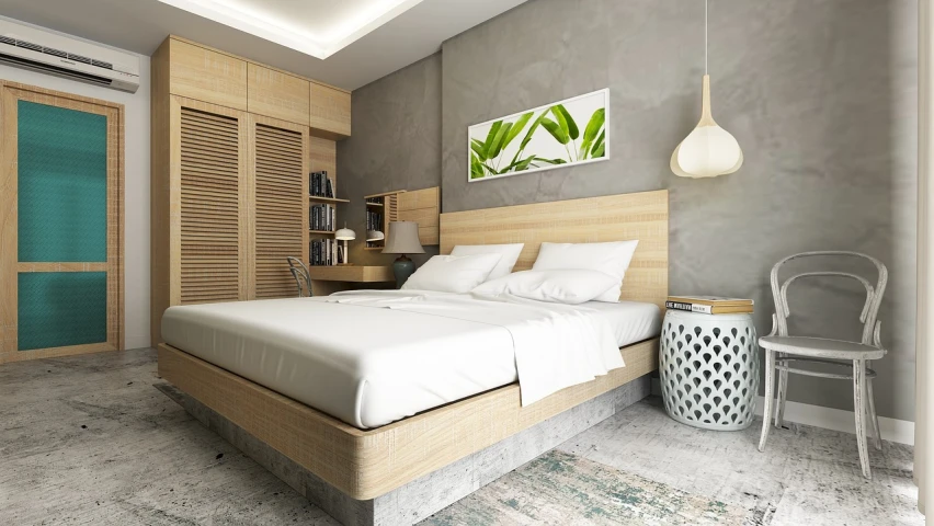 a bed room with a neatly made bed, a 3D render, shutterstock, bali, concrete art style, apartment design, vibrant feel