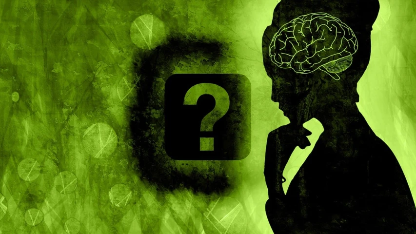 a silhouette of a man with a question mark on his head, by Adam Marczyński, trending on pixabay, digital art, sickly green colors, featuring brains, female investigator, wallpaper mobile